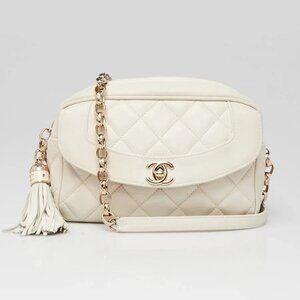 Chanel White Quilted Lambskin Leather Tassel Camera Shoulder Bag